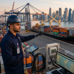 (صورة مولدة بالذكاء الاصطناعي) لمهندس يرتدي خوذة صلبة زرقاء وبذلة عمل داكنة، يقف في برج مراقبة مرتفع بميناء حاويات بحري مزدحم، وينظر إلى مشهد بانورامي لخط أفق الدوحة (قطر) الحديث عند الغروب  يمسك بجهاز لوحي يعرض بيانات شحن، ويشير بيده الأخرى نحو سفينة شحن ضخمة محملة بحاويات ("DOHA HARMONY")  توجد شاشات كمبيوتر أخرى في المقدمة 