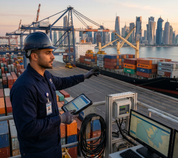 (صورة مولدة بالذكاء الاصطناعي) لمهندس يرتدي خوذة صلبة زرقاء وبذلة عمل داكنة، يقف في برج مراقبة مرتفع بميناء حاويات بحري مزدحم، وينظر إلى مشهد بانورامي لخط أفق الدوحة (قطر) الحديث عند الغروب  يمسك بجهاز لوحي يعرض بيانات شحن، ويشير بيده الأخرى نحو سفينة شحن ضخمة محملة بحاويات ("DOHA HARMONY")  توجد شاشات كمبيوتر أخرى في المقدمة 