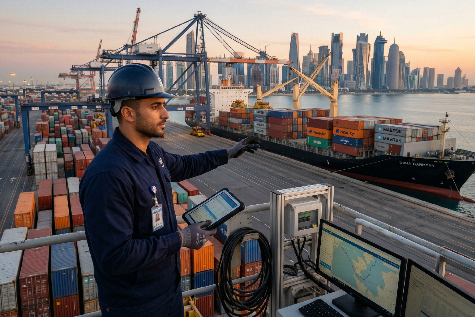 (صورة مولدة بالذكاء الاصطناعي) لمهندس يرتدي خوذة صلبة زرقاء وبذلة عمل داكنة، يقف في برج مراقبة مرتفع بميناء حاويات بحري مزدحم، وينظر إلى مشهد بانورامي لخط أفق الدوحة (قطر) الحديث عند الغروب  يمسك بجهاز لوحي يعرض بيانات شحن، ويشير بيده الأخرى نحو سفينة شحن ضخمة محملة بحاويات ("DOHA HARMONY")  توجد شاشات كمبيوتر أخرى في المقدمة 