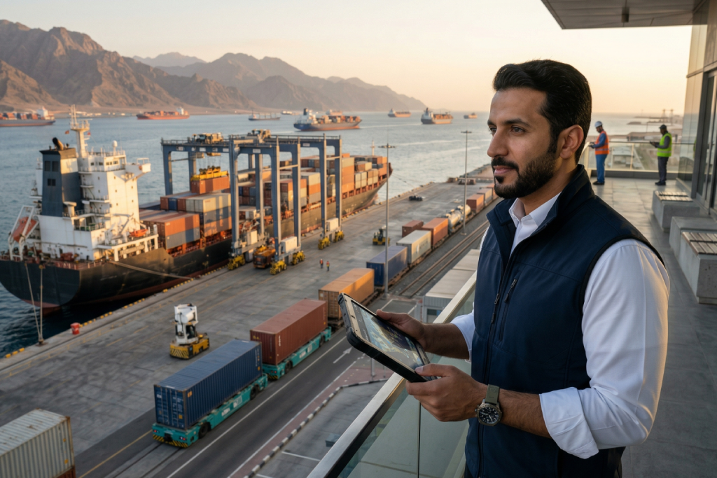 AI-generated image of a professional overlooking a vast coastal port with many ships and mountains in the distance, holding a digital tablet.