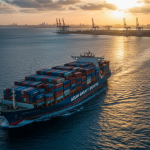 (AI generated image) of a massive container ship branded with 'ASUMSARAY LOGISTIC' sailing through calm sea waters during a golden sunset, with a port terminal and city skyline in the background 