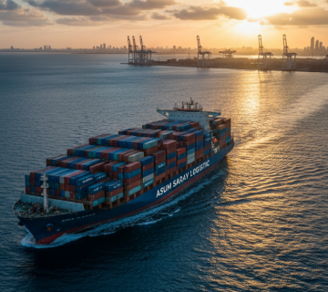 صورة مولدة بالذكاء الاصطناعي لسفينة شحن حاويات ضخمة تابعة لشركة ASUM SARAY LOGISTIC تبحر في عرض البحر وقت الغروب باتجاه ميناء حديث 