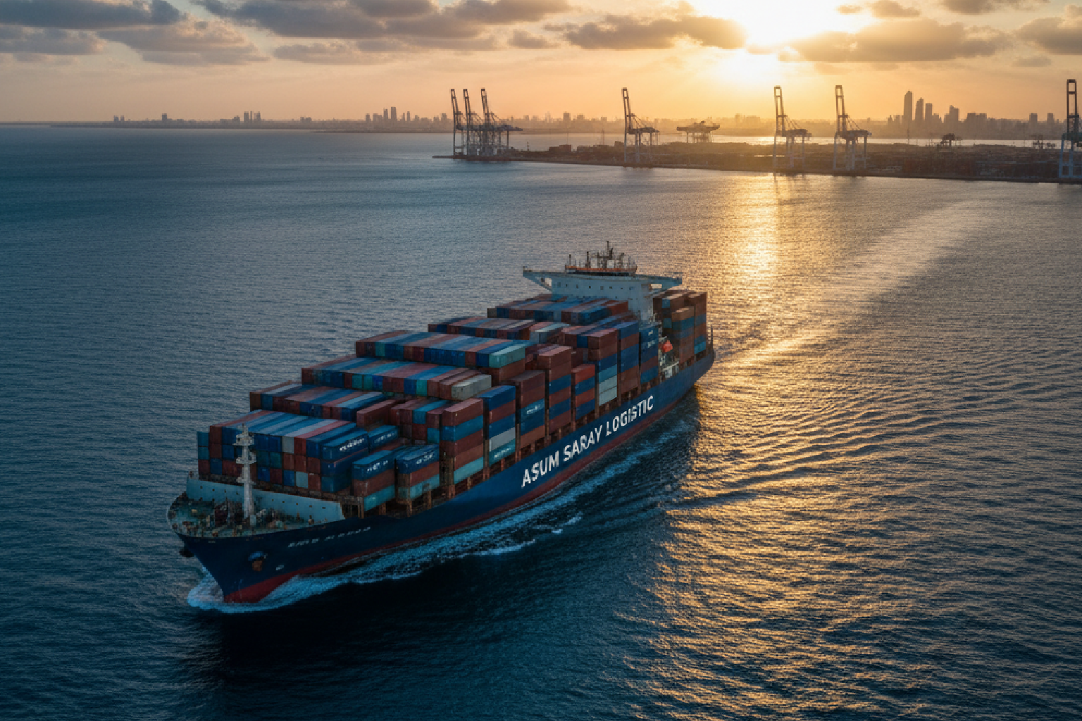 صورة مولدة بالذكاء الاصطناعي لسفينة شحن حاويات ضخمة تابعة لشركة ASUM SARAY LOGISTIC تبحر في عرض البحر وقت الغروب باتجاه ميناء حديث 