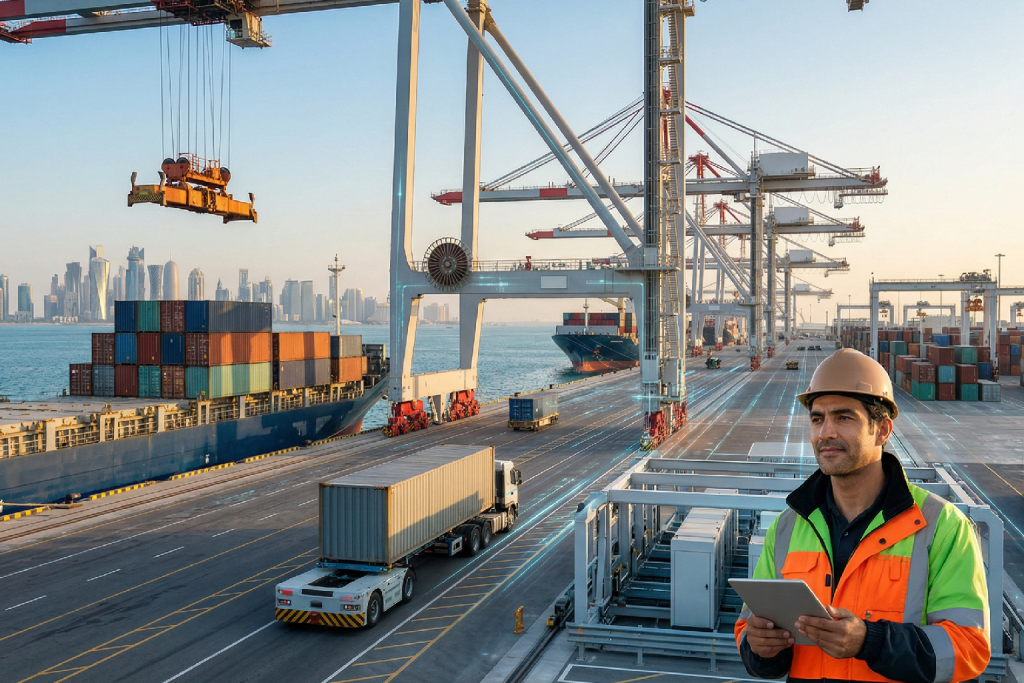 (صورة مولدة بالذكاء الاصطناعي) لمنظر مرتفع يطل على رصيف ميناء شحن حديث، حيث تتحرك شاحنة مقطورة آلية بدون سائق تحمل حاوية شحن على طول مسار معلم بخطوط إضاءة بيضاء وزرقاء (تكنولوجيا ذكية). يقف مهندس يرتدي خوذة بنية وسترة عاكسة في المقدمة اليمنى، وينظر إلى جهاز لوحي. في الخلفية، تظهر رافعات جسرية عملاقة وخط أفق مدينة الدوحة.