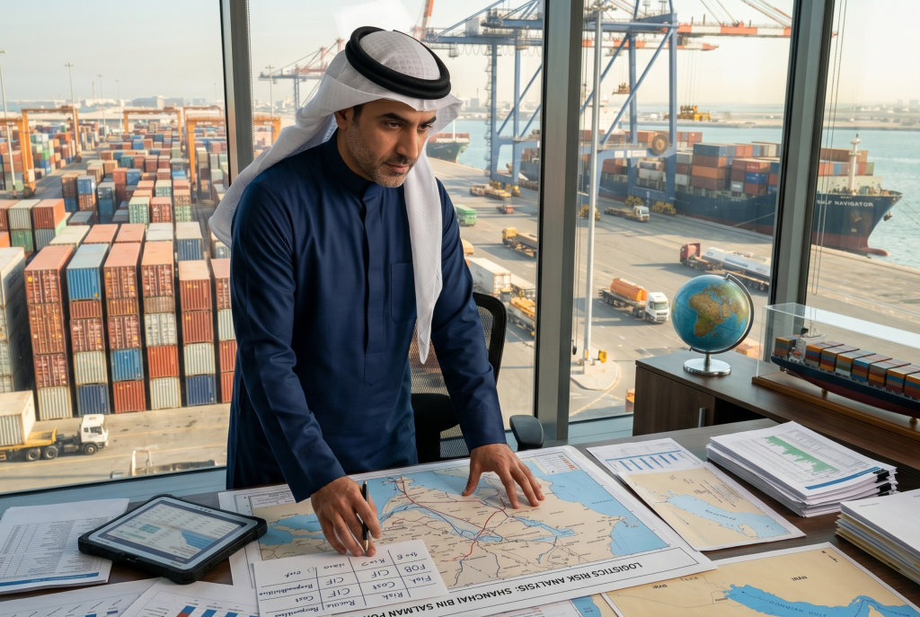 صورة مولدة بالذكاء الاصطناعي لمهندس لوجستي عربي يرتدي الثوب التقليدي ويدرس خرائط المسارات التجارية والتحليلات على مكتب يطل على محطة حاويات.