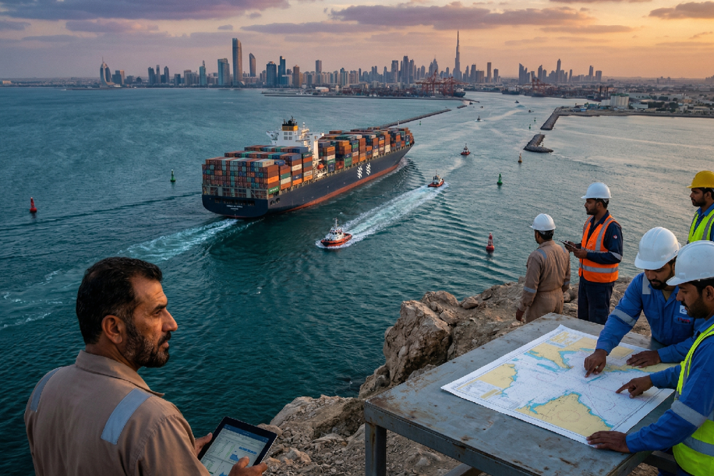 (صورة مولدة بالذكاء الاصطناعي) لمنظر مرتفع يطل على مدخل ميناء بحري، حيث تبحر سفينة حاويات ضخمة على طول قناة مائية تحيط بها قوارب قطر صغيرة. يقف فريق من المهندسين على تلة صخرية في المقدمة، أحدهم (في المقدمة اليسرى) يمسك جهازًا لوحيًا ويواجه الكاميرا، بينما يقوم آخرون بفحص خريطة ملاحة مفرودة على طاولة معدنية. خط أفق الدوحة (مع برج ) يظهر في الخلفية البعيدة تحت سماء الغروب.
