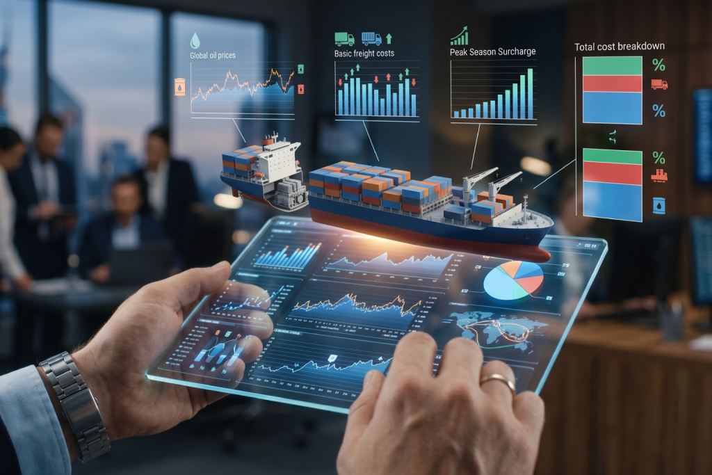 (صورة مولدة بالذكاء الاصطناعي) لشاشة رقمية تعرض بيانات حية عن أسعار النفط، تكاليف الشحن، ونماذج ثلاثية الأبعاد لسفن الحاويات.