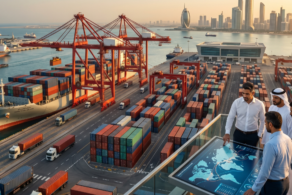 AI-generated image of a panoramic view of a massive container port at sunset, with professionals on a terrace overlooking cranes, ships, and a modern city skyline.