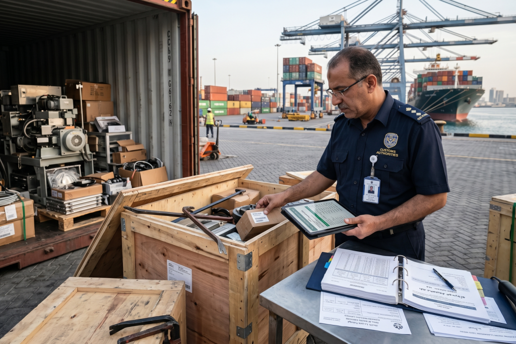 (صورة مولدة بالذكاء الاصطناعي) ضابط جمارك يستخدم جهازاً لوحياً لفحص وتوثيق محتويات صندوق شحن خشبي مفتوح بجوار حاوية.