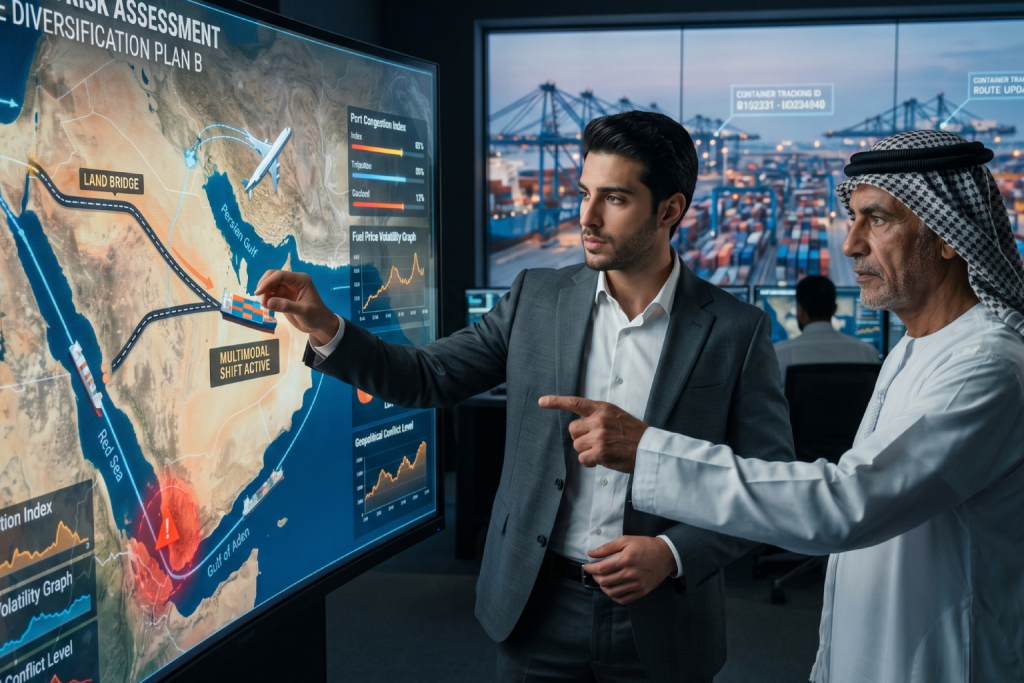 AI-generated image showing a detailed digital screen displaying "Risk Assessment" and "Diversification Plan B" for shipping routes in the Middle East, with two men discussing the strategy.