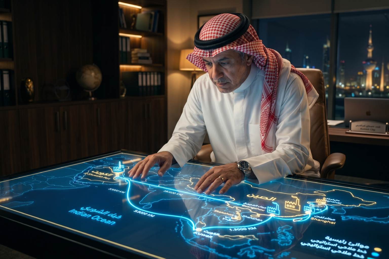 (صورة مولدة بالذكاء الاصطناعي) لرجل يرتدي الزي التقليدي يدرس خريطة ملاحية رقمية تفاعلية تربط بين الصين والكويت.