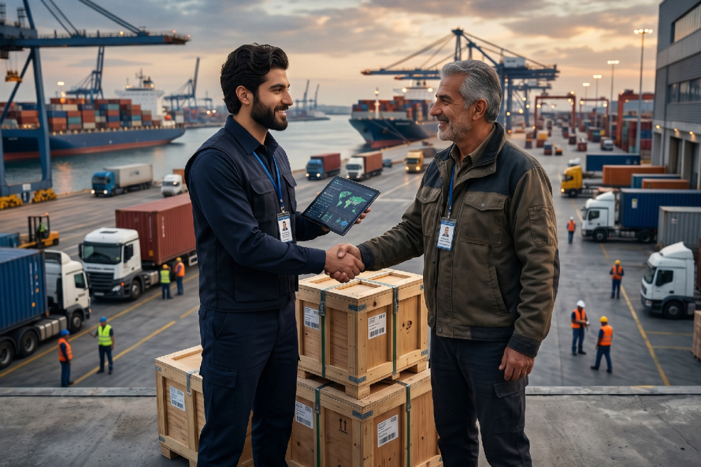 AI-generated image of two logistics professionals shaking hands in a busy shipping yard surrounded by trucks and cargo crates.