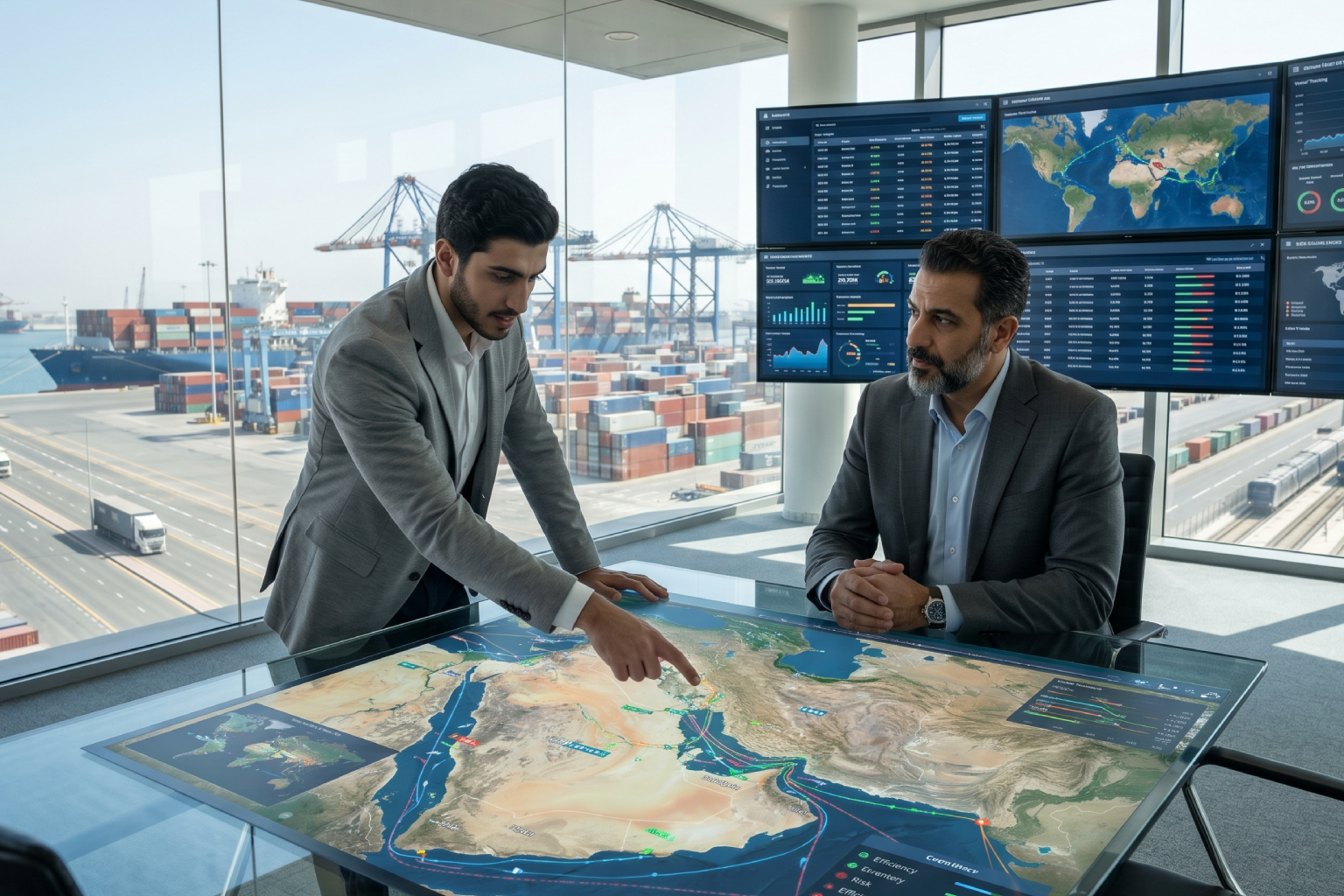 AI generated image of two professionals in a high tech control room analyzing maritime trade routes on a large digital touch table overlooking a busy container port 