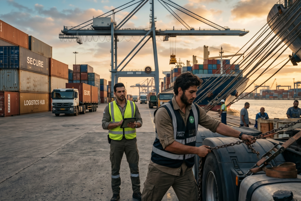 AI-generated image of a worker securing a truck load with chains at a port while a supervisor monitors progress on a tablet.