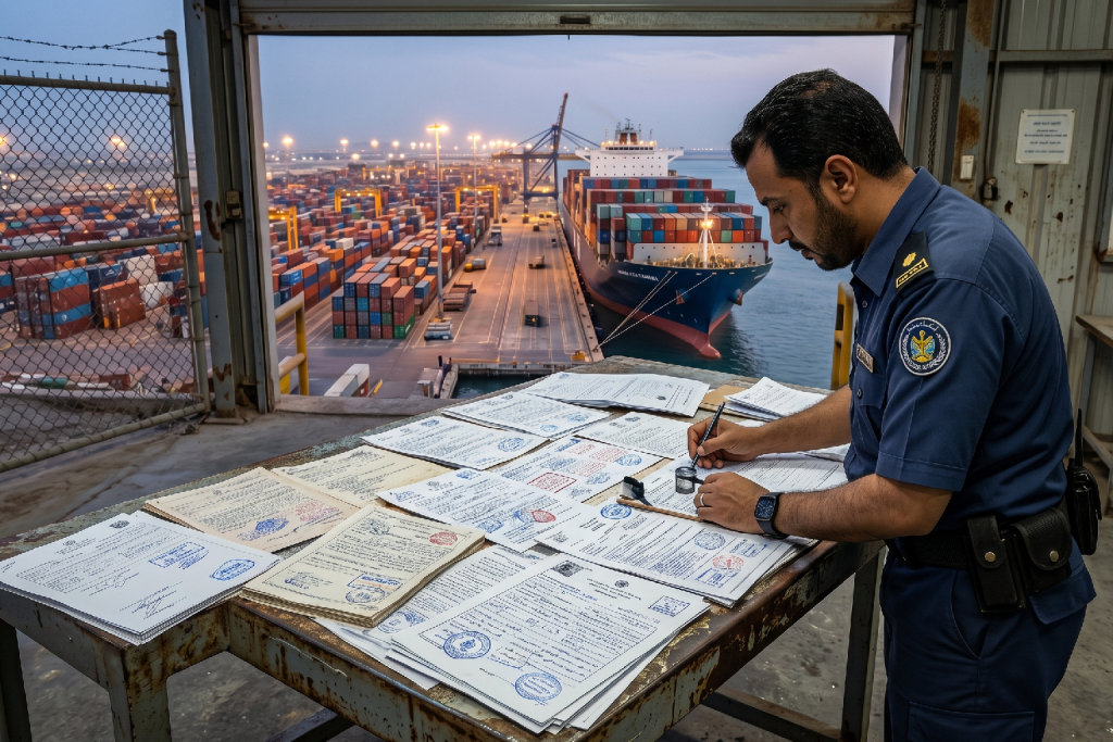 (صورة مولدة بالذكاء الاصطناعي) مفتش جمارك يراجع ويختم مجموعة كبيرة من المستندات والأوراق الرسمية على طاولة تطل على ساحة الحاويات.