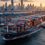 AI generated image of a massive COSCO SHIPPING container vessel navigating through a port with the Dubai skyline and Burj Khalifa in the background at sunset 