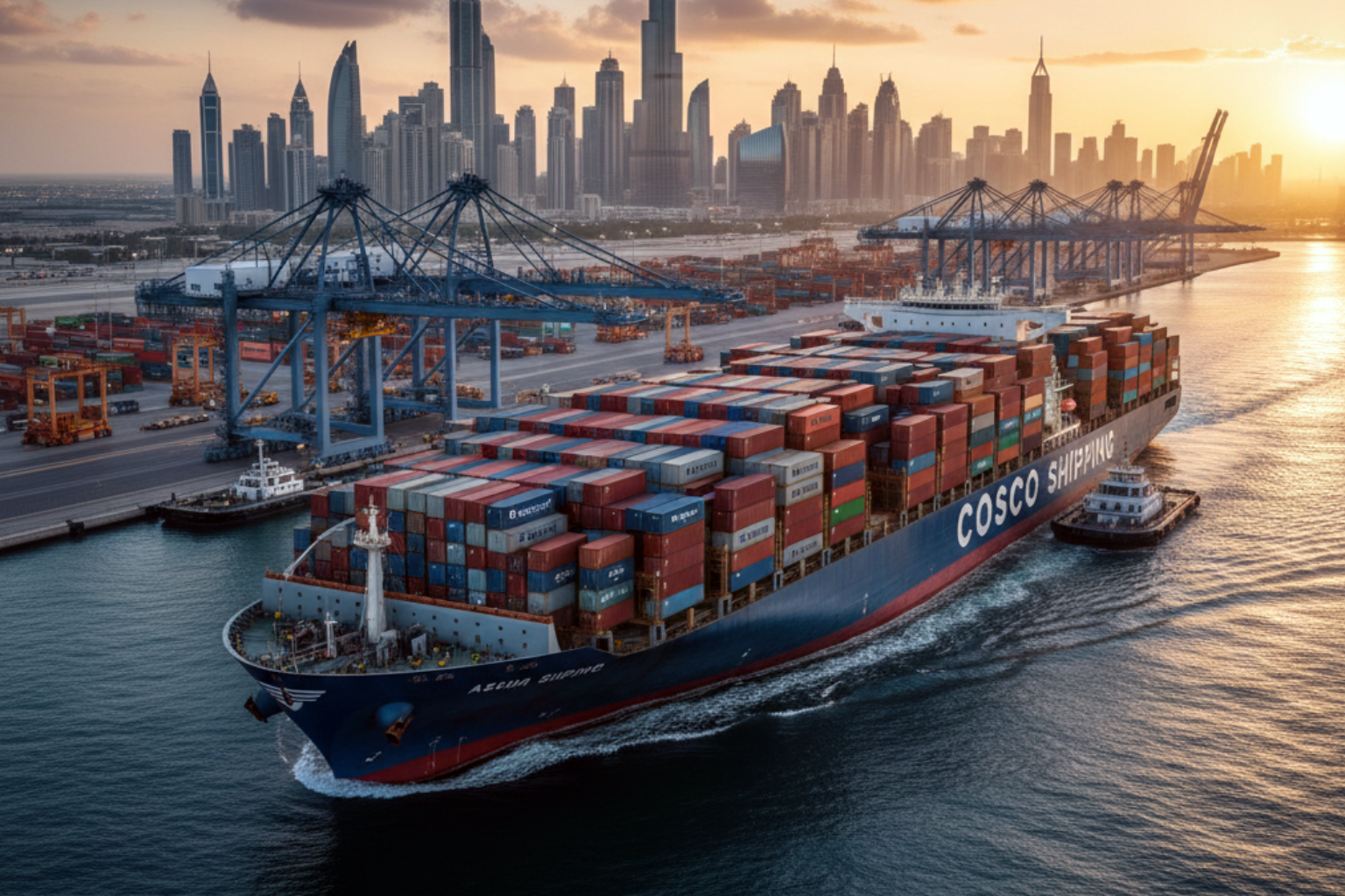 AI generated image of a massive COSCO SHIPPING container vessel navigating through a port with the Dubai skyline and Burj Khalifa in the background at sunset 