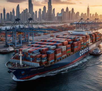 صورة مولدة بالذكاء الاصطناعي لسفينة شحن حاويات عملاقة تحمل شعار (COSCO SHIPPING) وهي تبحر بجانب ميناء لوجستي حديث يطل على أفق مدينة دبي عند الغروب 