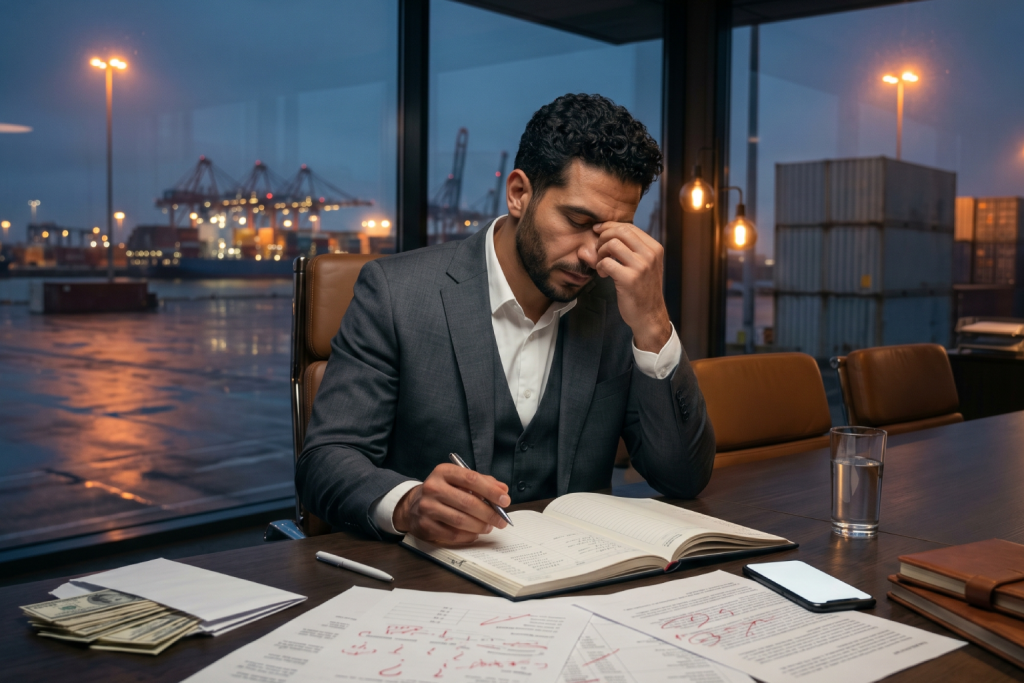 AI-generated image of a stressed businessman sitting at a desk at night, rubbing his eyes while surrounded by paperwork and financial documents with a lit-up port in the background.