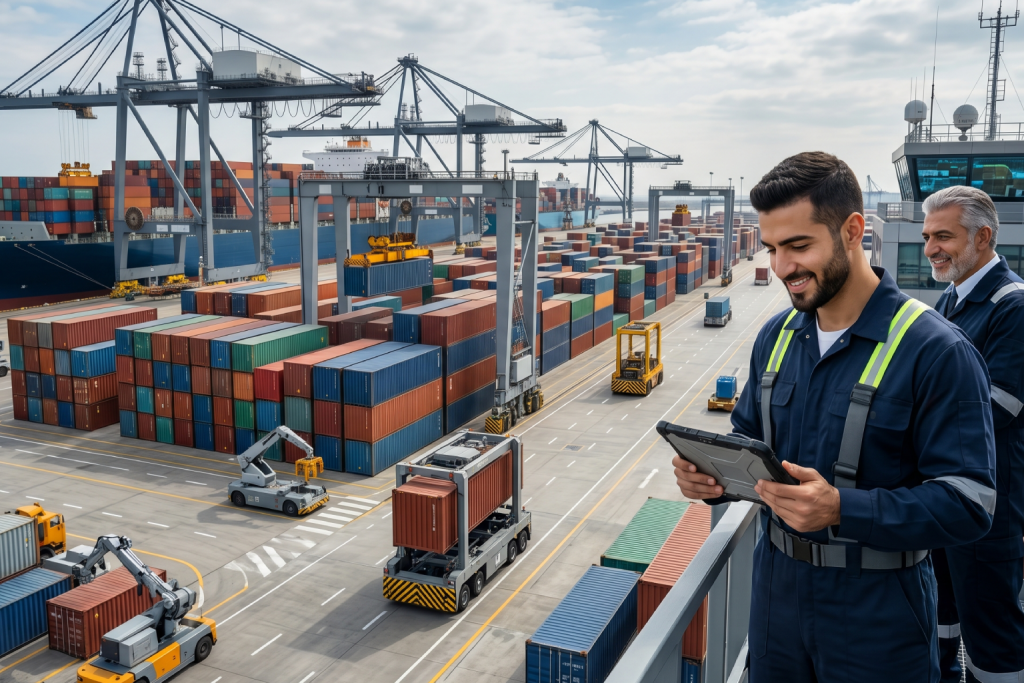 AI-generated image of a high-tech automated shipping terminal with logistics managers using tablets to oversee container movement.