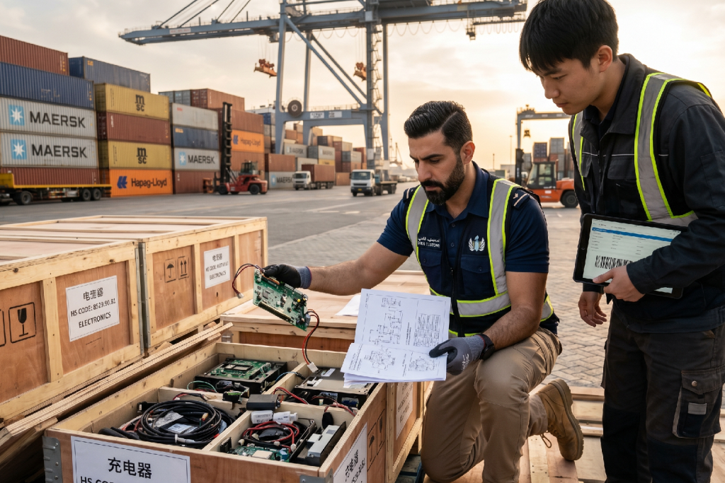 AI-generated image of a customs officer inspecting electronic components in wooden crates at a shipping yard while a colleague looks on.