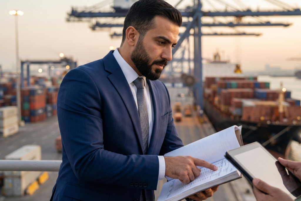 AI-generated image of a professional in a suit standing on a balcony overlooking a container terminal, intently reviewing a printed report and pointing at data.