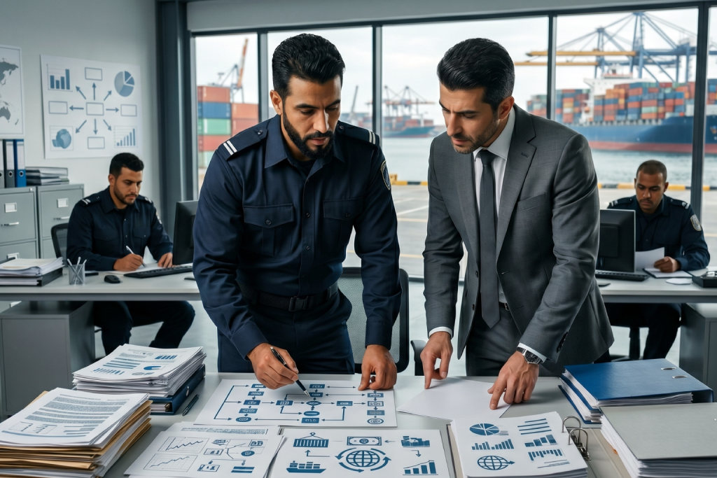 صورة مولدة بالذكاء الاصطناعي لضابط أمن أو جمارك بزي رسمي يناقش المخططات التنظيمية والوثائق مع رجل أعمال داخل مكتب مراقبة يطل على رصيف شحن بحري وميناء مليء بالحاويات.
