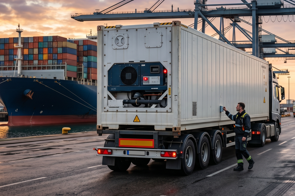 صورة مولدة بالذكاء الاصطناعي لسائق يتفقد حاوية تبريد (Reefer) متصلة بشاحنة نقل بري في الميناء وبجواره سفينة شحن ضخمة.
