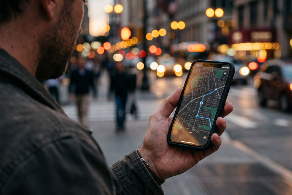 استخدام خريطة الملاحة عبر الهاتف - أضغط لعرض الصورة بحجم كامل صورة مولدة بالذكاء الاصطناعي لشخص يمسك هاتفاً ذكياً يعرض خريطة ملاحة رقمية ونظام تحديد المواقع (GPS) في شارع حيوي بالمدينة.