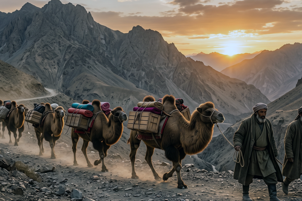 (صورة مولدة بالذكاء الاصطناعي) قافلة من الجمال المحملة بالبضائع والصناديق والمنسوجات تسير على طريق جبلي وعر وغباري، بقيادة تجار يرتدون ملابس تقليدية، مع غروب الشمس خلف سلسلة جبال مهيبة، مما يجسد رحلة طريق الحرير التاريخي.