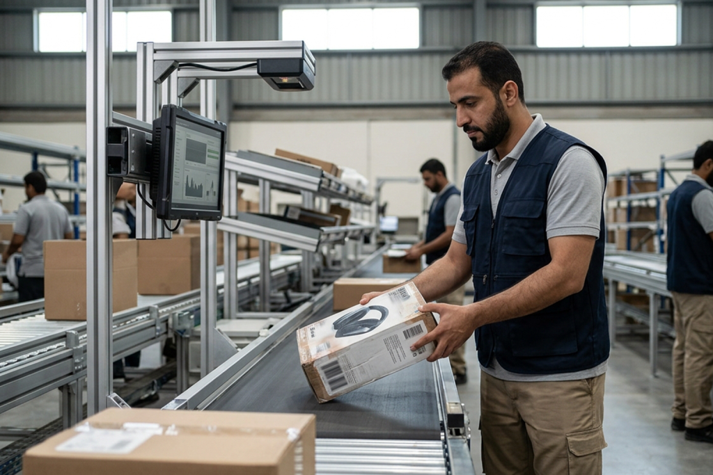 صورة مولدة بالذكاء الاصطناعي لعامل يمرر شحنة تحت ماسح ضوئي ذكي متصل بشاشة رقمية لتحديث بيانات المخزون آلياً فور وصولها.