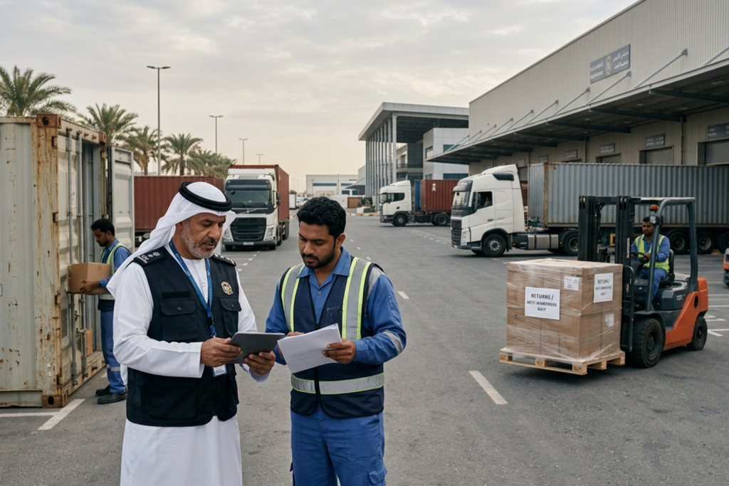 صورة مولدة بالذكاء الاصطناعي تُظهر مسؤول جمارك وعاملاً لوجستياً يراجعان البيانات الرقمية والورقية أمام شاحنات وحاويات شحن تجارية.