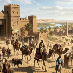 صورة مولدة بالذكاء الاصطناعي تجسد قافلة تجارية قديمة تحمل بضائع تمر عبر بوابة مدينة تاريخية وميناء نهري قديم 