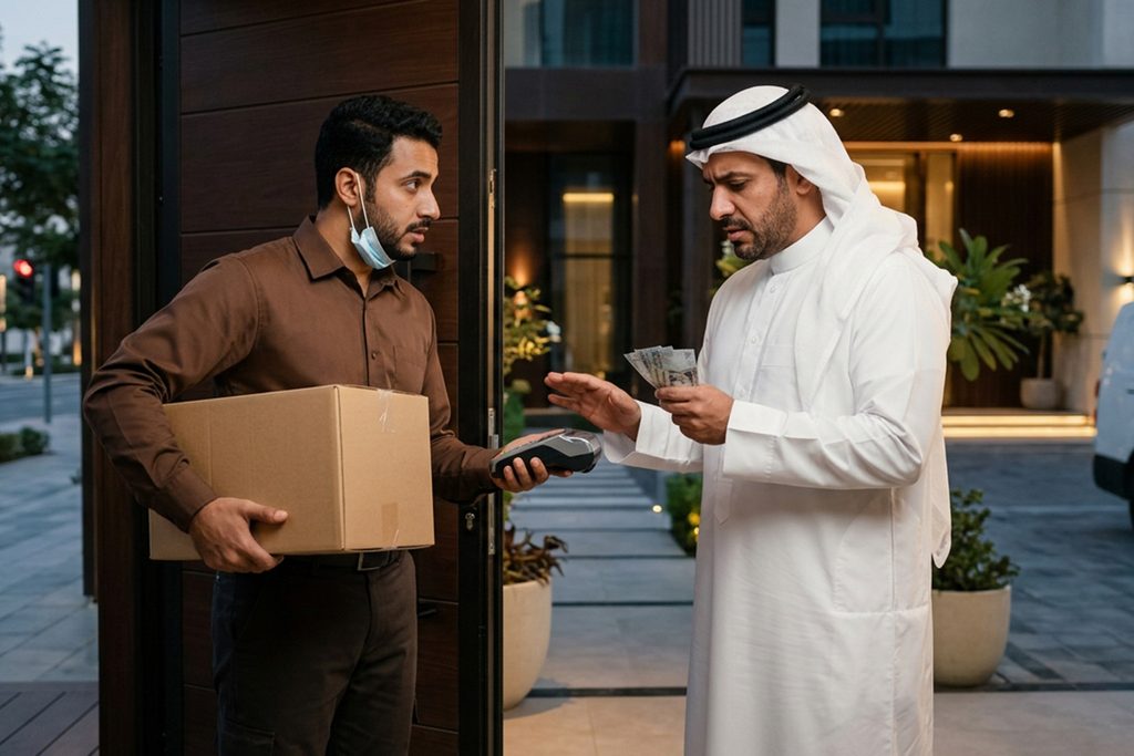 صورة مولدة بالذكاء الاصطناعي تمثل عميلاً بالزي التقليدي يدفع نقداً لمندوب الشحن عند استلام الطرد أمام المنزل.