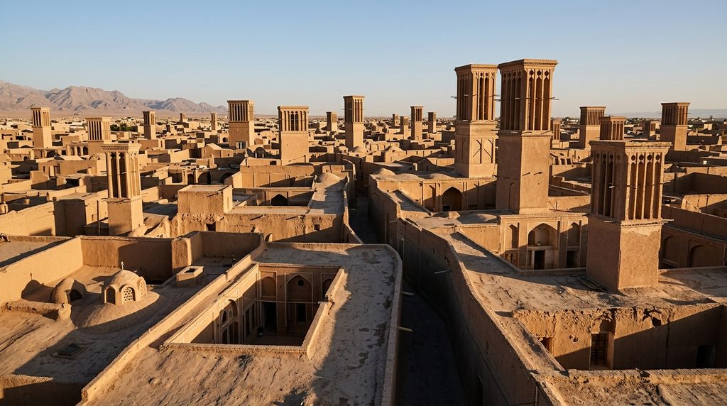 صورة مولدة بالذكاء الاصطناعي لمدينة طينية تاريخية تعلو منازلها أبراج الرياح «البادجير» المستخدمة في التهوية والتبريد السلبي.