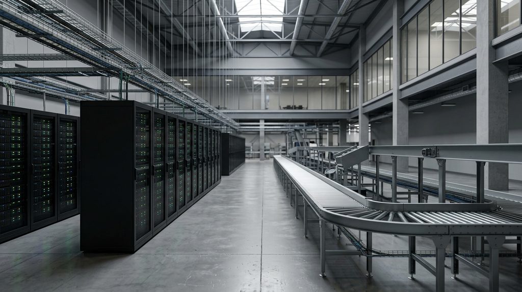 صورة مولدة بالذكاء الاصطناعي لمركز خوادم رقمية مصفوفة بجوار سيور نقل آلية في مستودع إمداد تقني.