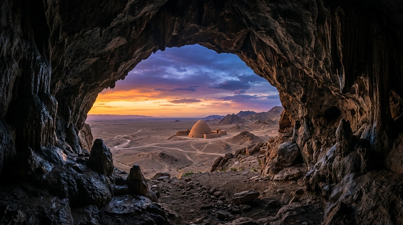صورة مولدة بالذكاء الاصطناعي تُظهر إطلالة من داخل كهف صخري طبيعي نحو بناء طيني تقليدي وسط صحراء واسعة وقت الغروب 