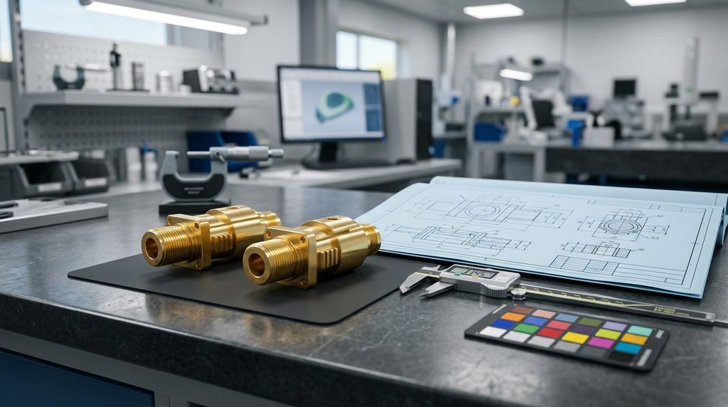 صورة مولدة بالذكاء الاصطناعي لقطع ميكانيكية نحاسية موضوعة بجوار مخطط تصميم هندسي وقدمة ذات ورنية رقمية للقياس في مختبر تصنيع.