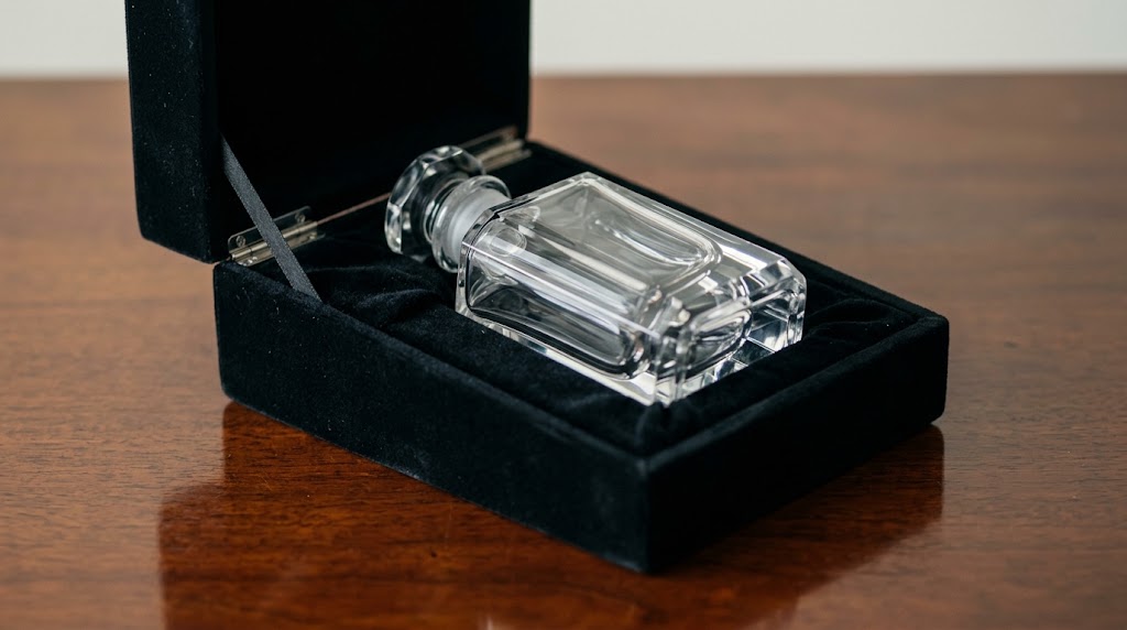 صورة مولدة بالذكاء الاصطناعي تُظهر زجاجة عطر فاخرة من الكريستال الشفاف موضوعة داخل علبة مبطنة بالمخمل الأسود على طاولة خشبية.